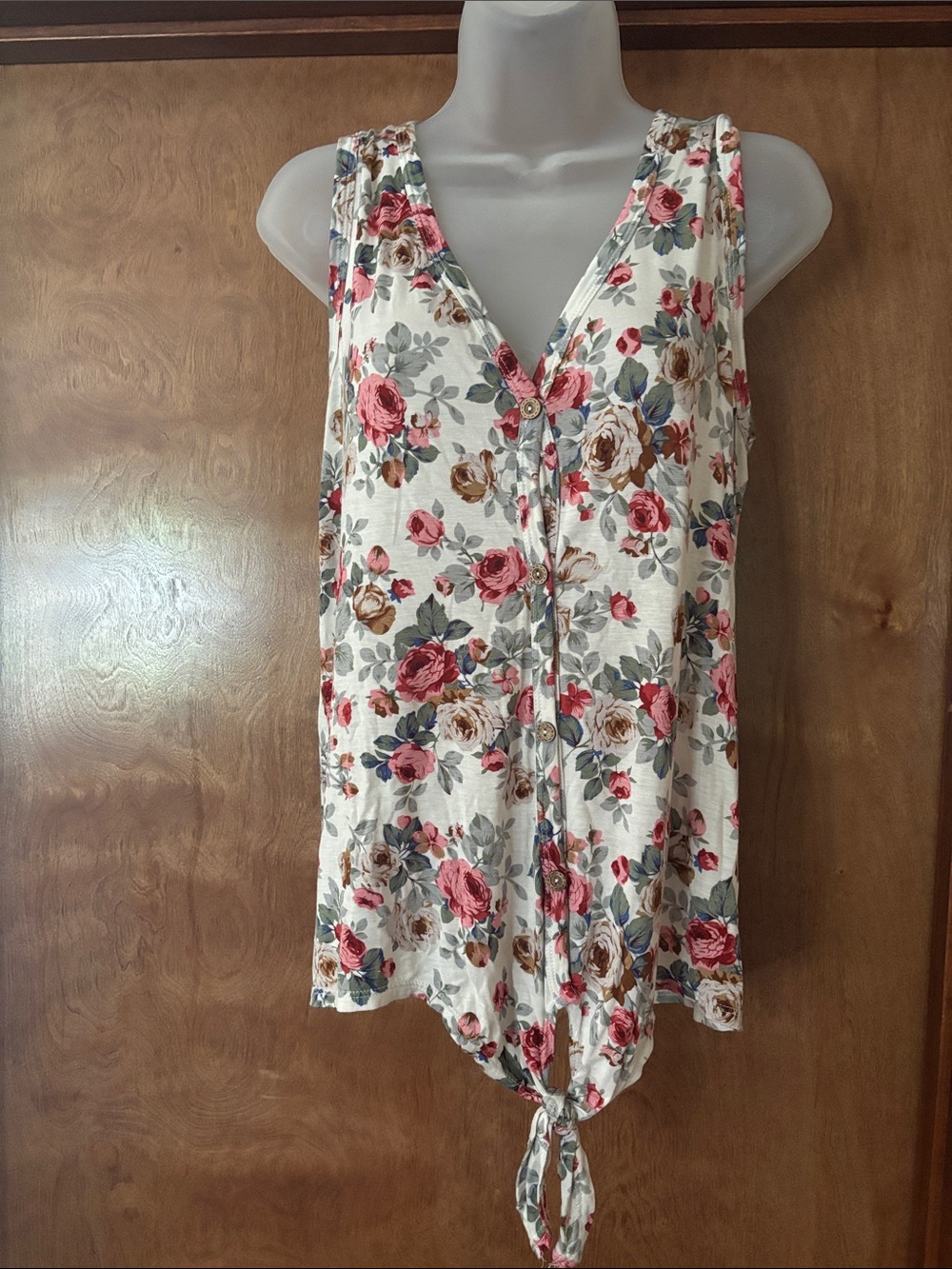 Floral Tie-Front Camisole - Cream with Rose Print